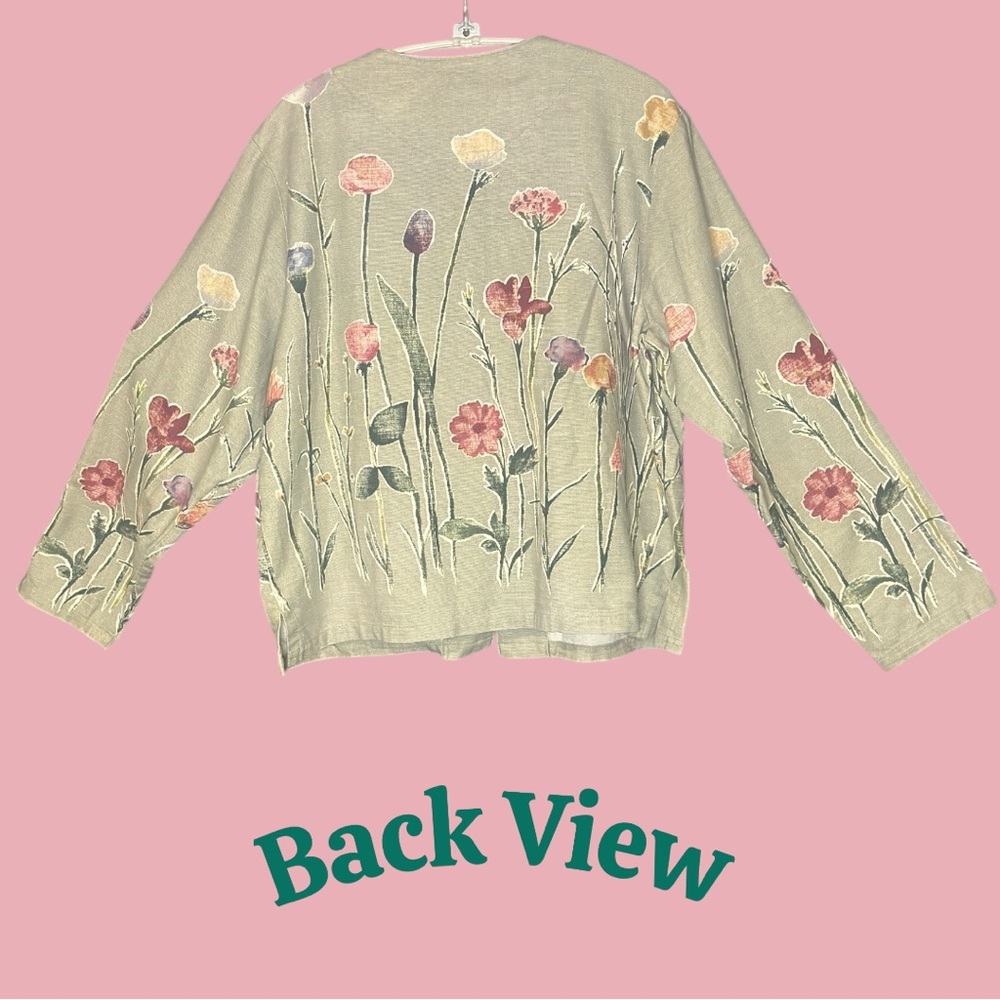 Vtg Shacket Coldwater Creek Linen Blend Sage Green Cotton Floral CottageCore